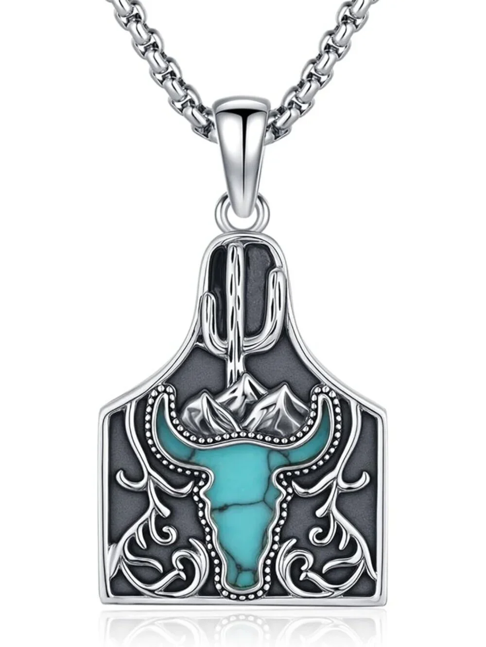 Women's Cow Tag Sterling Turquoise Pendant Highland Cow Skull Western Necklace
